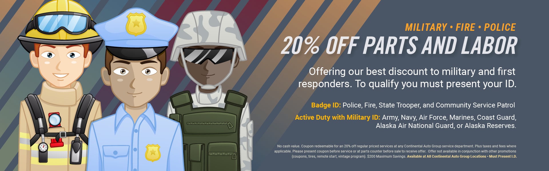 20% Off Parts and Labor For Military and First Responders. Thank you for serving our community!